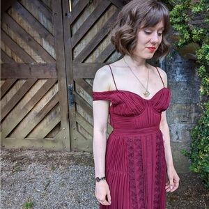 Self-Portrait Berry Chiffon Off-Shoulder Midi Dress